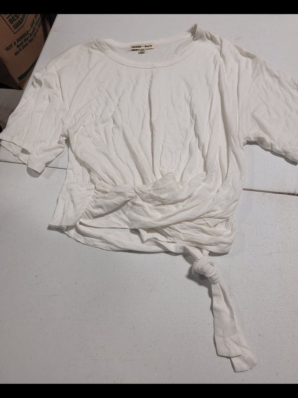 Cream Short-Sleeve Knot-Front Crop Top - Picture 1 of 3